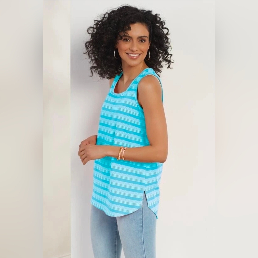 NEW Soft Surroundings Isabel Tunic Tank In Cyan Stripe M